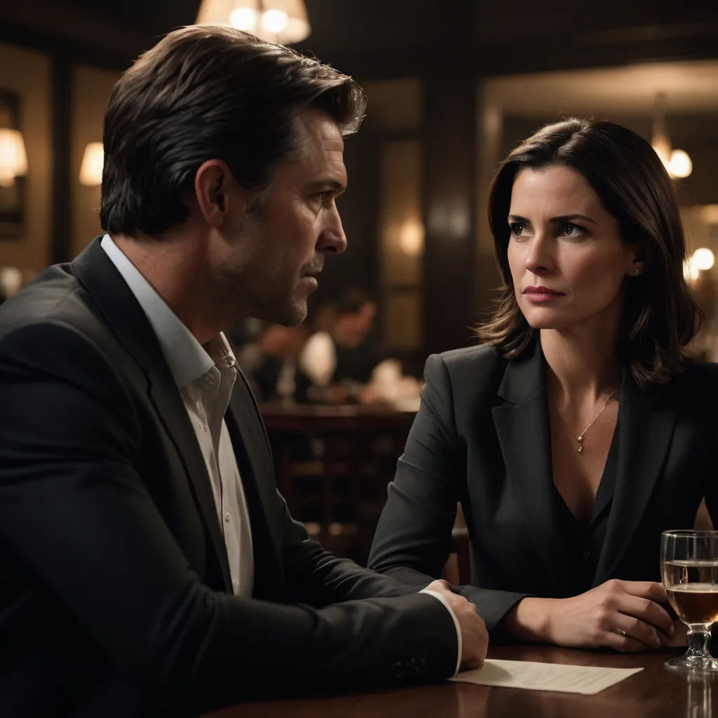 a man and a woman sitting at a table with a glass of wine in front of them, looking at each other, serial art, poster art, Dan Scott, promotional image