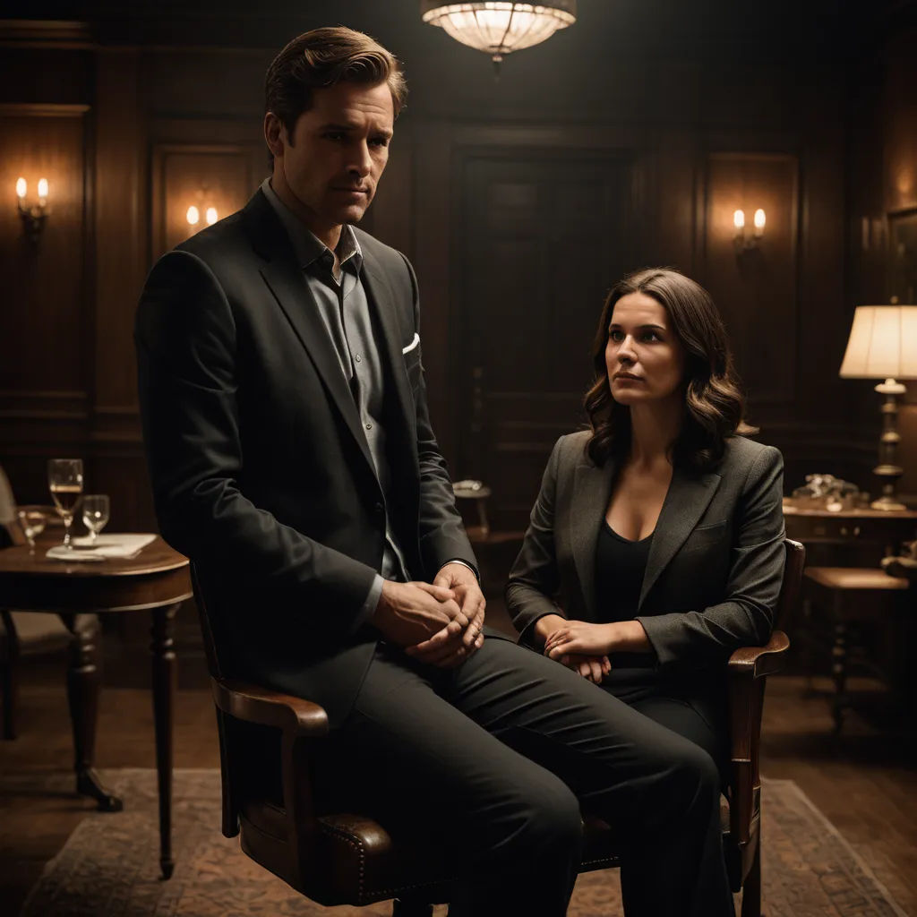 a man and a woman sitting in chairs in a room with a chandelier and a table with a lamp, international gothic, a poster, Dan Scott, promotional image