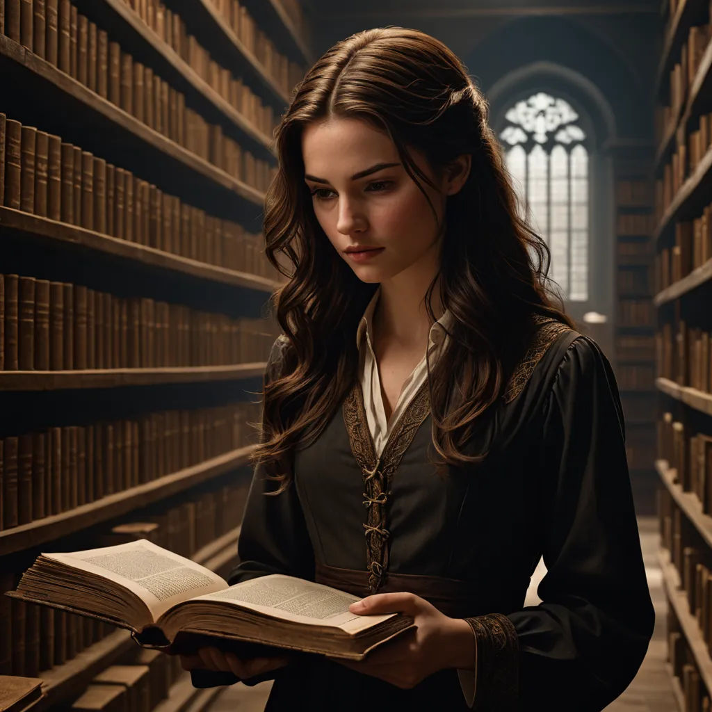 a woman is reading a book in a library full of bookshelves and a window is in the background, academic art, a detailed matte painting, Dirk Crabeth, promotional image