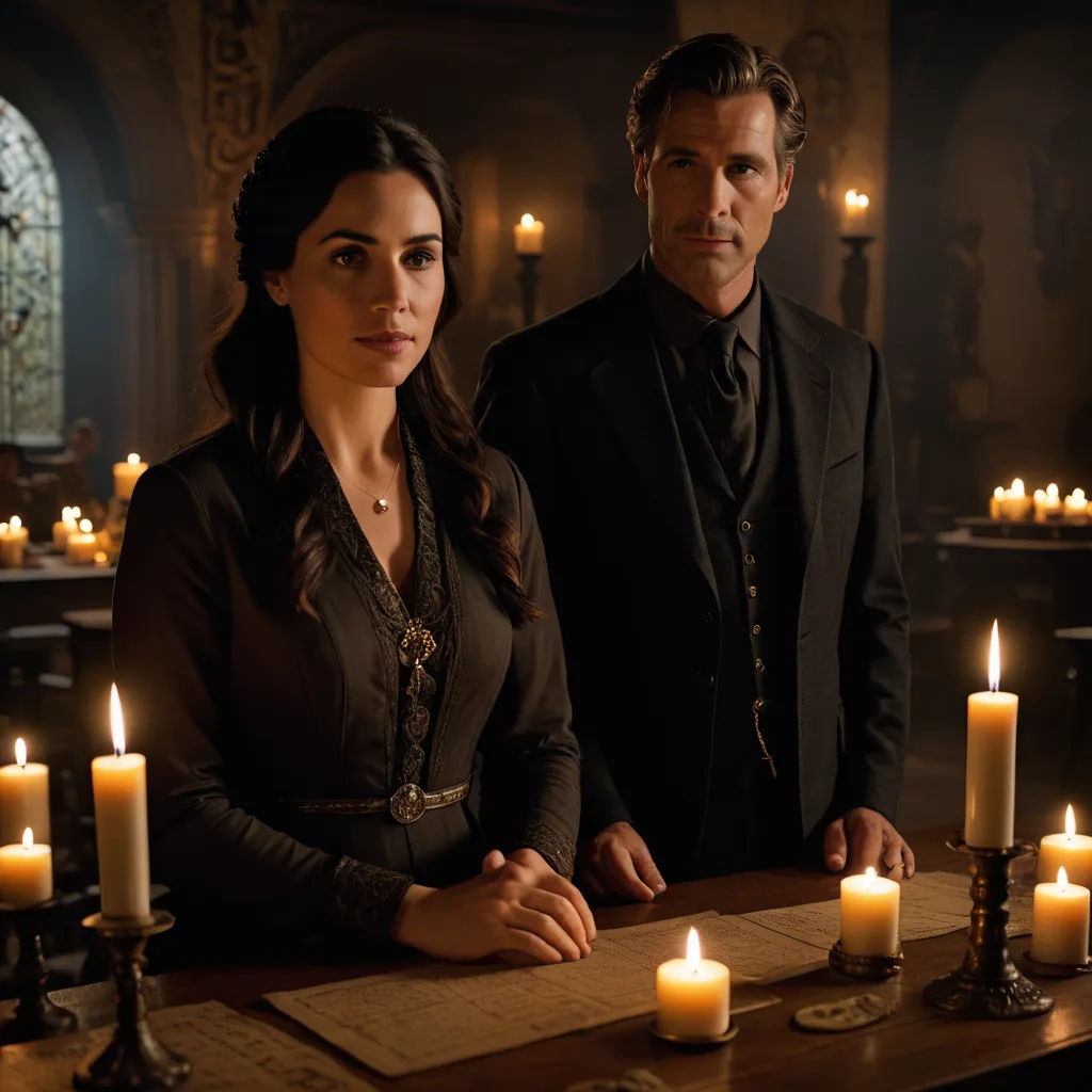 a man and a woman standing in front of a table with candles on it in a dark room with a stained glass window, international gothic, concept art, Araceli Gilbert, promotional image