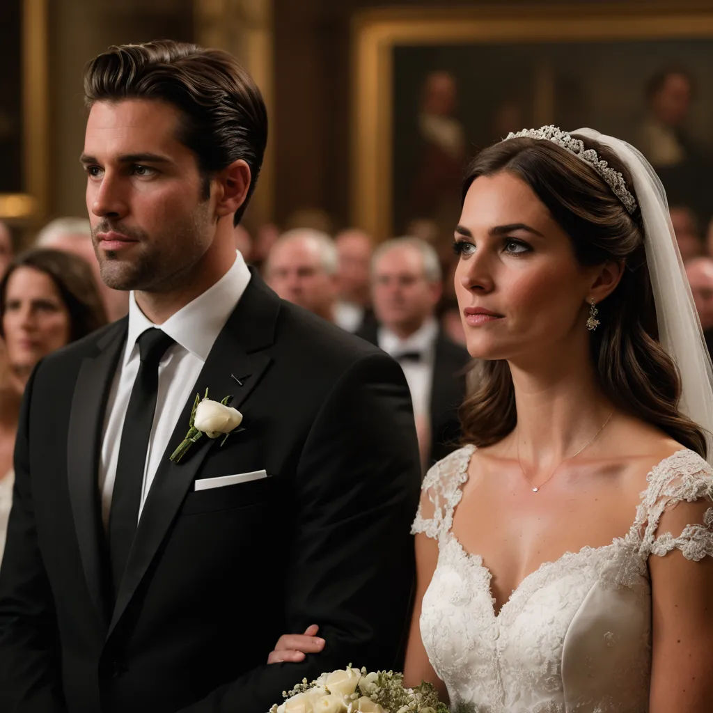 a bride and groom standing in front of a crowd of people at a wedding ceremony in a church,, hyperrealism, a photorealistic painting, Claire Dalby, promotional image