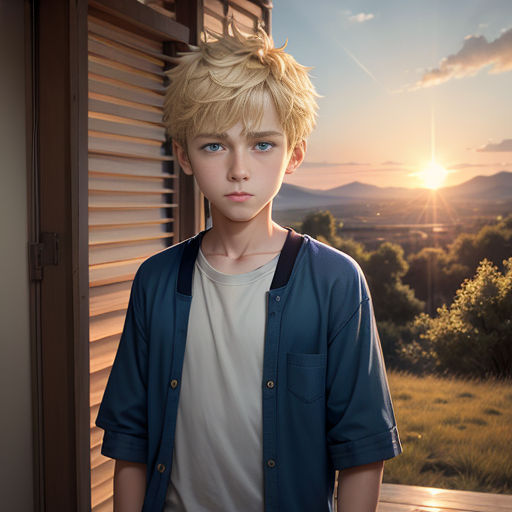a boy standing in front of a window with a sunset behind him and a mountain in the background with clouds