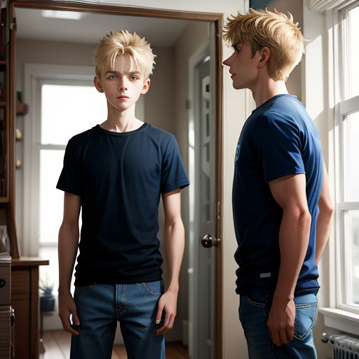 a young man standing next to another young man in a room with a mirror on the wall and a door
