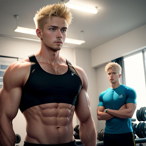 a man with a muscular body standing next to another man in a gym room with a dumbbell machine