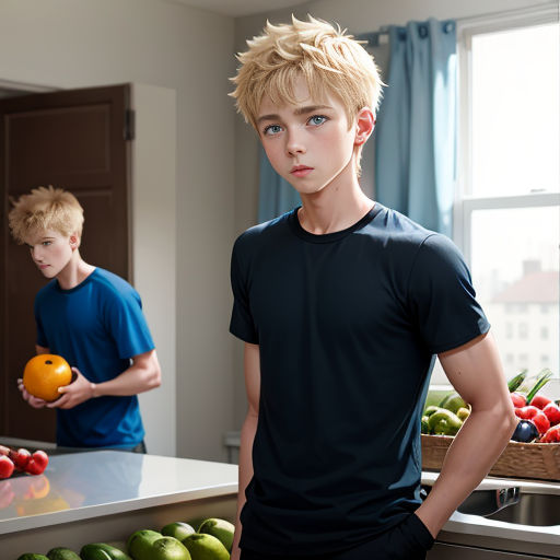 a boy standing in a kitchen next to a counter with fruit on it and another boy standing behind him