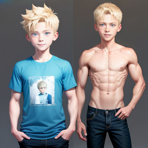 two young men with blonde hair and no shirt on posing for a picture together, one of them is shirtless