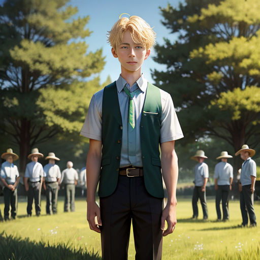 a man in a green vest and tie standing in a field with a group of men in the background
