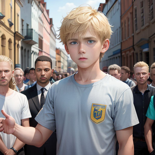 a group of people standing around a man in a grey shirt and tie with a yellow badge on his shirt