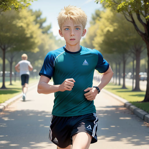 a young boy running down a street next to a park with a man running behind him on a bike