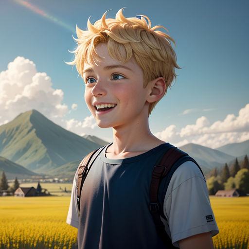 a boy with blonde hair and a backpack smiles at the camera in front of a mountain range with a rainbow