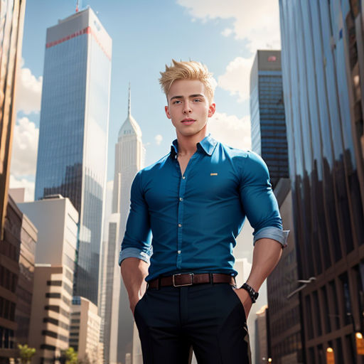 a man standing in front of a city skyline with his hands on his hips and his hands on his hips