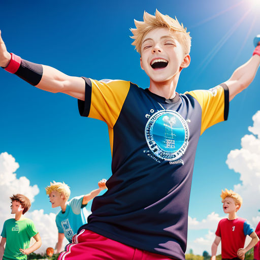 a group of young men standing next to each other on a field of grass and dirt with their arms in the air