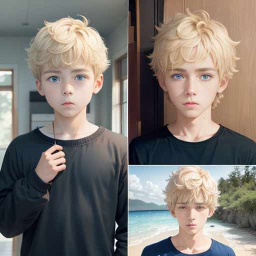 a boy with blonde hair and blue eyes poses for a photo shoot on the beach, and then wears a black shirt