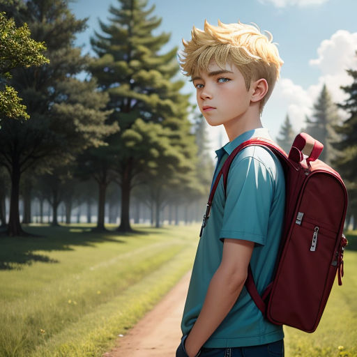 a boy with a backpack standing on a dirt road in a park with trees and grass in the background