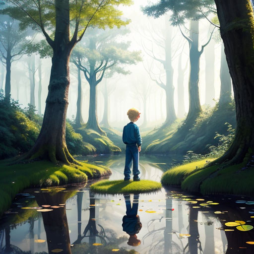 a painting of a boy standing in a forest looking at a pond with lily pads on the ground and trees