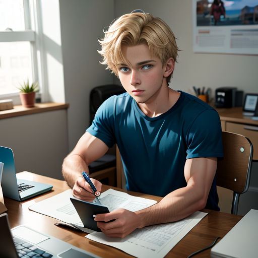 a young man sitting at a desk with a notebook and pen in his hand and a laptop on the desk