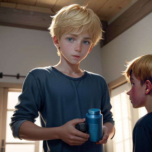 a boy holding a can of hair spray and another boy with blonde hair looking at him in the mirror