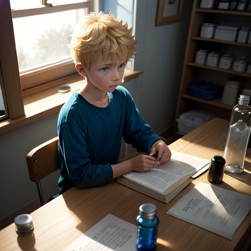 a young boy sitting at a table with a book and a bottle of water in front of him and a bottle of water in the background