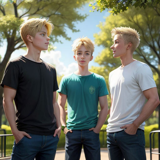 three young men standing next to each other in a park with trees in the background and a fence in the foreground