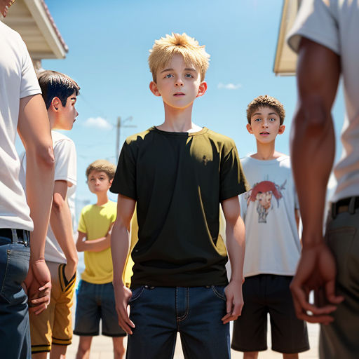 a group of young men standing next to each other on a street corner with a skateboard in the foreground