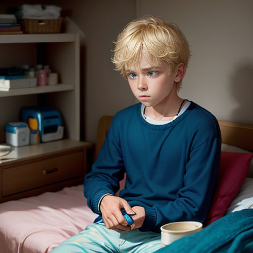 a young boy sitting on a bed with a cup of coffee in his hand and a shelf behind him