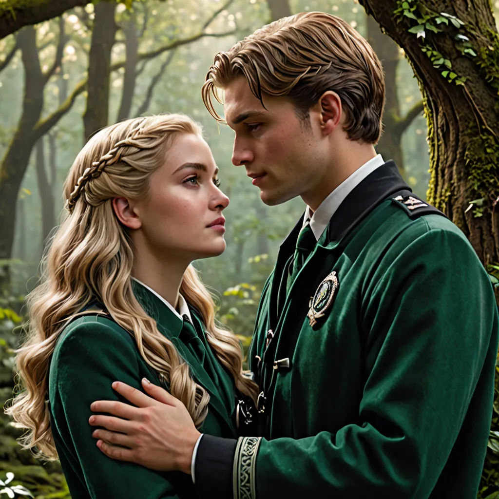 a man and a woman in green clothes standing in a forest together, with trees in the background and a man in a green coat and woman in a braid, neo-romanticism, a poster, Elinor Proby Adams, promotional image