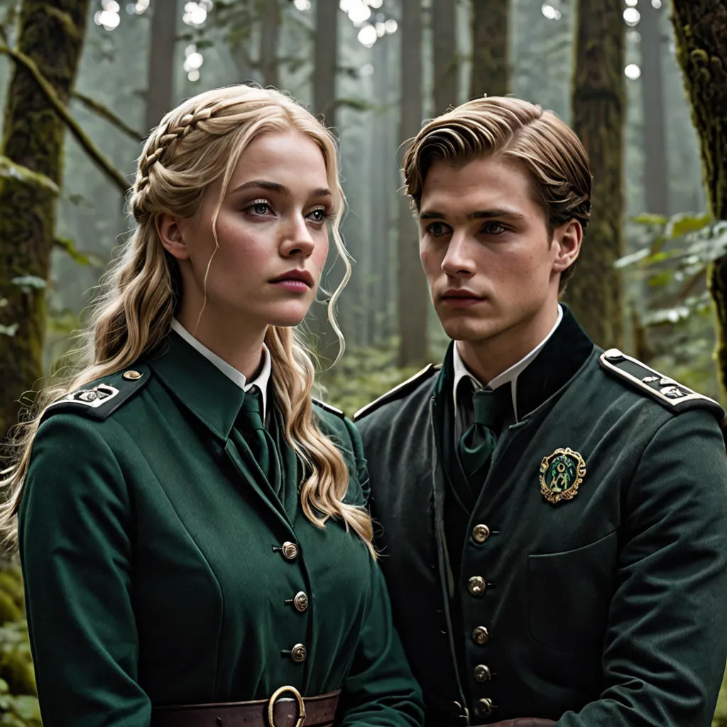a man and a woman in green uniforms standing in a forest with trees in the background and fog in the air, international gothic, a poster, Caspar Wolf, promotional image