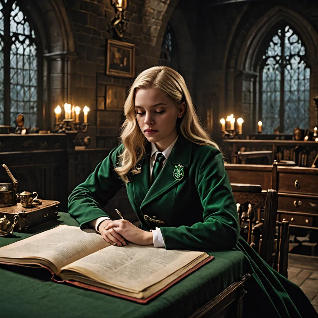 a woman in a green coat sitting at a table with a book and a candle in front of her, gothic art, a detailed matte painting, Constance Gordon-Cumming, promotional image