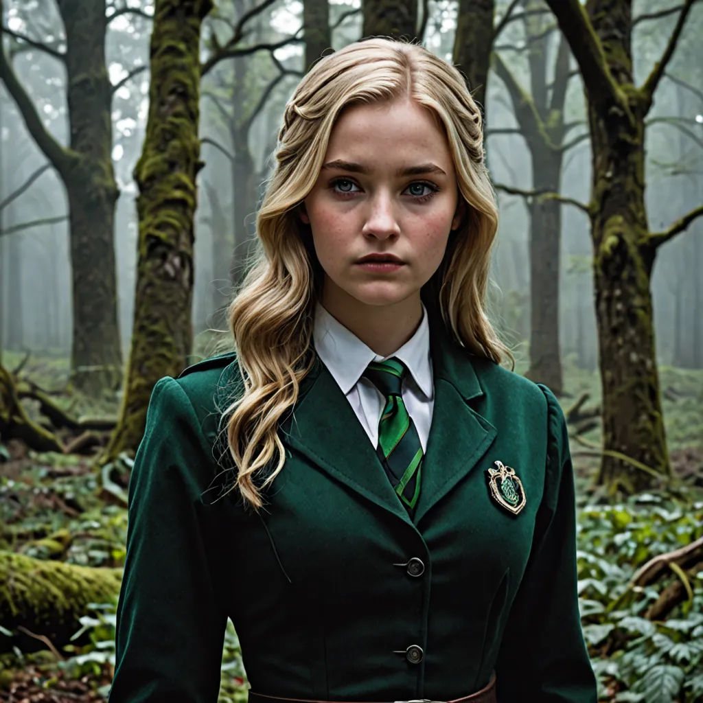 a woman in a green coat and tie standing in a forest with trees and ferns in the background and fog, vancouver school, a character portrait, Constance Gordon-Cumming, promotional image