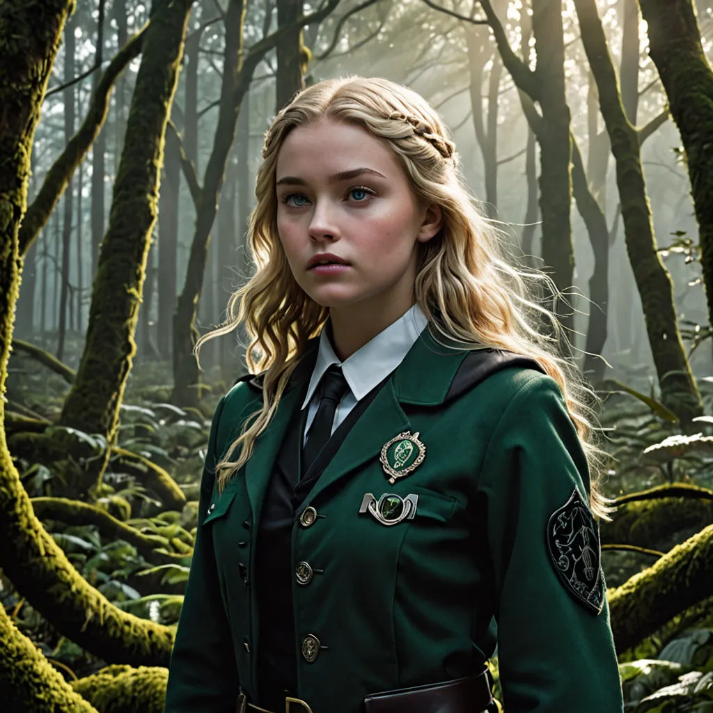 a woman in a green uniform standing in a forest with moss growing on the ground and trees in the background, antipodeans, a character portrait, Claire Falkenstein, promotional image