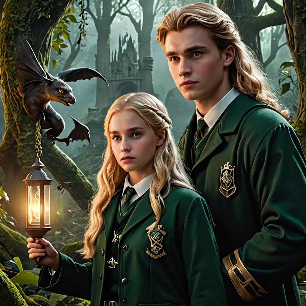 a man and a woman standing in front of a forest holding a lantern and a dragon flying over them, international gothic, a poster, Edward Otho Cresap Ord, II, promotional image