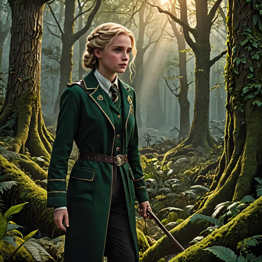a woman in a green coat standing in a forest with a sword in her hand and a green coat over her shoulder, magical realism, a detailed matte painting, Anne Said, promotional image