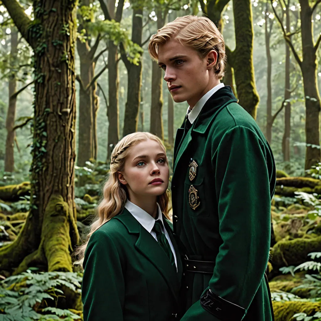 a man and a woman standing in a forest with trees and ferns behind them, both wearing green coats, international gothic, a poster, Edward Armitage, promotional image