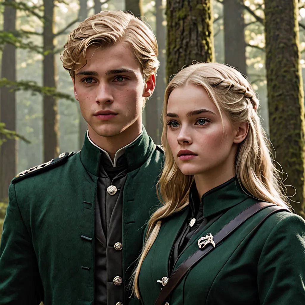 a man and a woman in military uniforms standing in a forest with trees in the background and a man in a green uniform, antipodeans, a detailed matte painting, Elisabeth Collins, promotional image