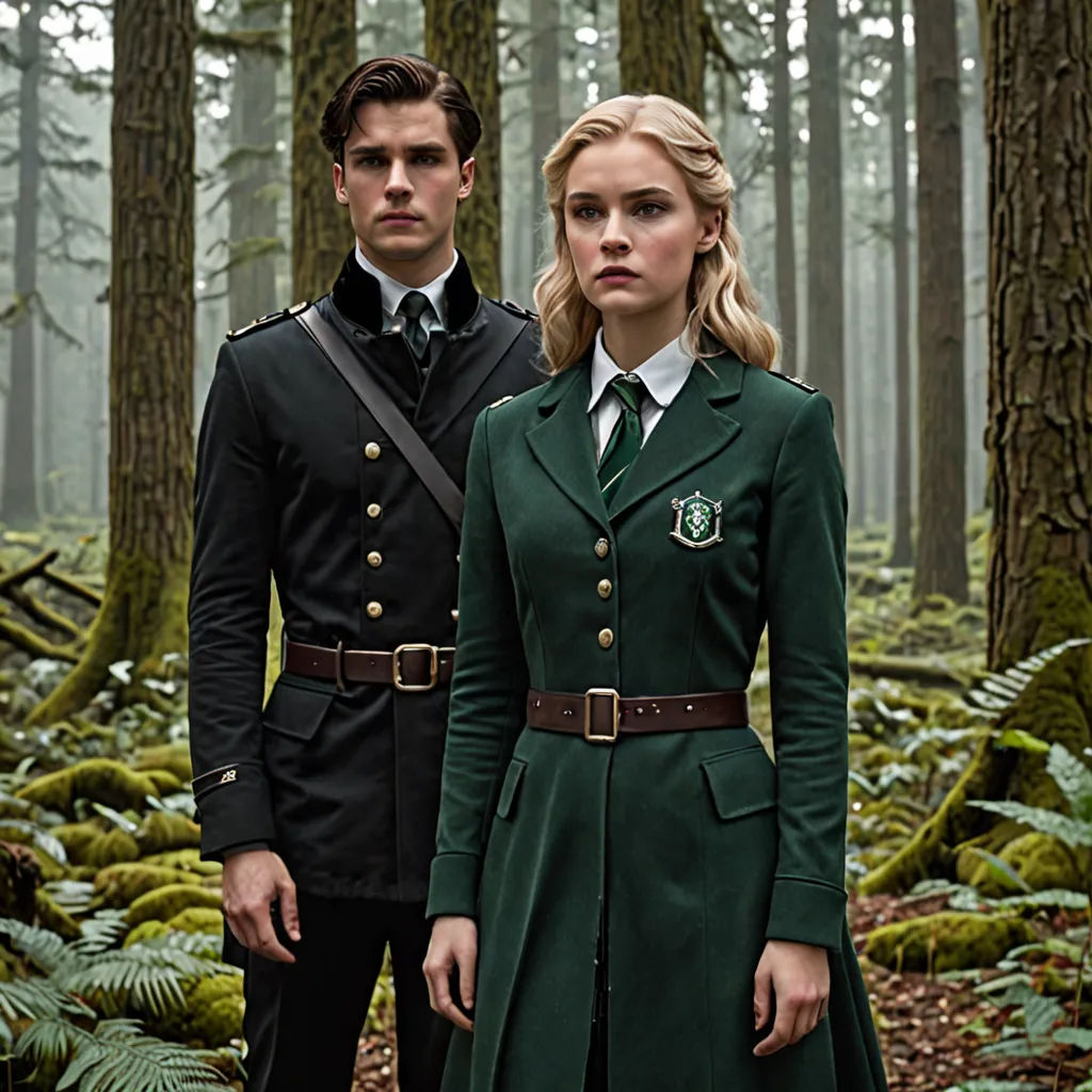 a man and a woman in uniform standing in a forest with ferns and ferns on the ground and trees, vancouver school, a poster, Fletcher Martin, promotional image
