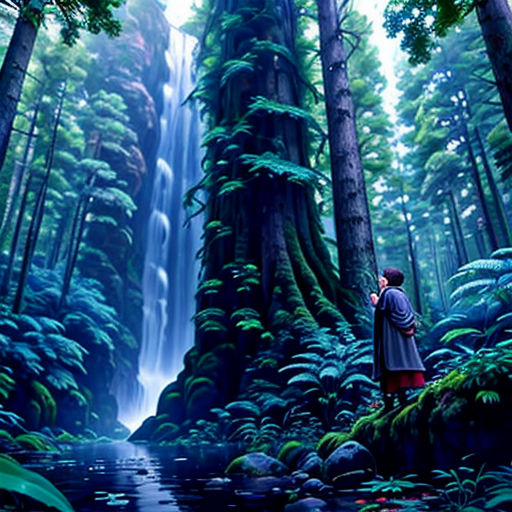 a man standing in the middle of a forest next to a waterfall and a forest filled with trees and ferns