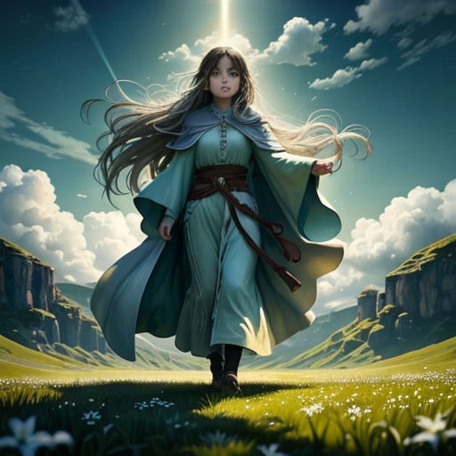 a woman in a green dress walking through a field with a sky background and clouds above her, with a star above her