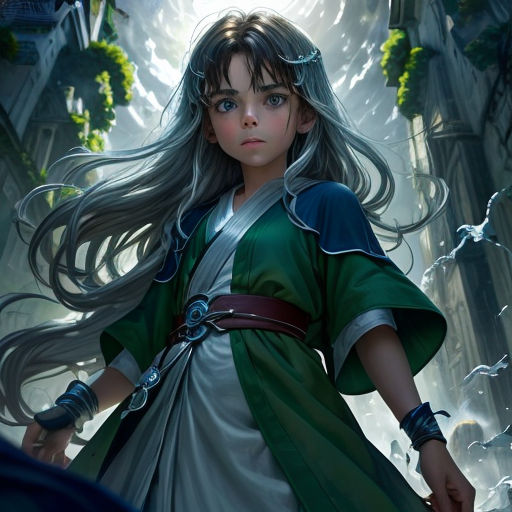 a girl in a green dress standing in a forest with a sword in her hand and a dragon in the background