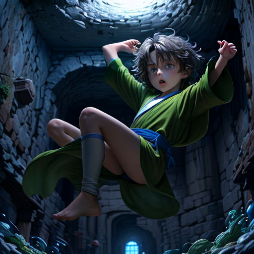 a young girl is flying through a tunnel in a green dress and boots with her arms outstretched in the air