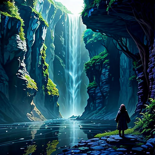 a person standing in front of a waterfall with a waterfall in the background and a forest in the foreground