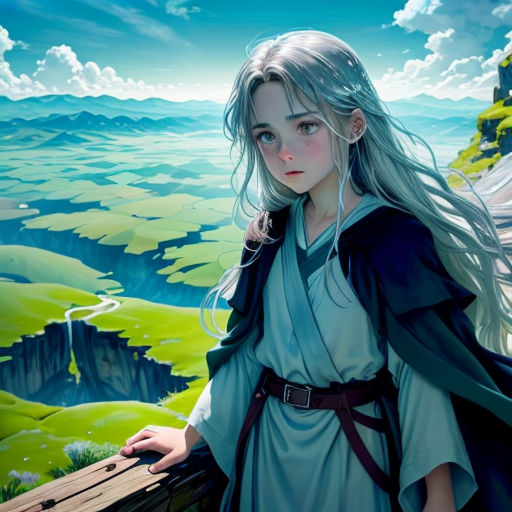 a girl with long hair and a long cape standing on a bridge looking at the sky and mountains behind her