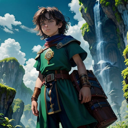 a boy in a green dress standing in front of a waterfall with a bag on his shoulder and a sword in his hand