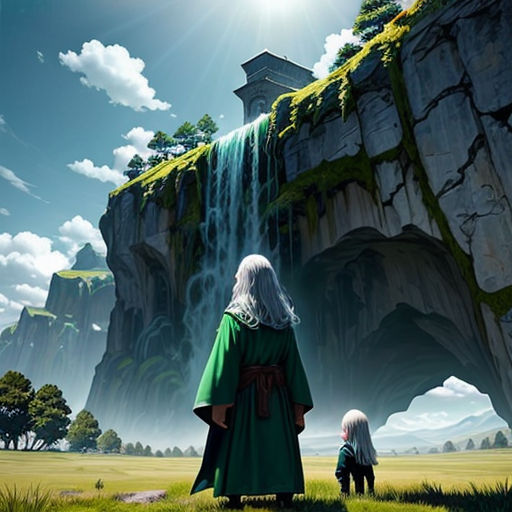 a man and a child standing in front of a waterfall in a field with a waterfall in the background