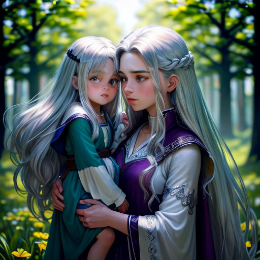 two girls hugging each other in a forest with flowers and trees in the background, one of them is wearing a green dress