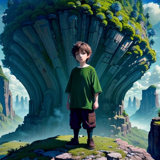 a boy standing on top of a cliff in front of a mountain range with a giant rock formation in the background
