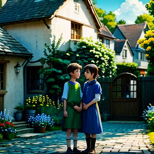 two children standing in front of a house in a cartoon style scene with a garden and a house in the background
