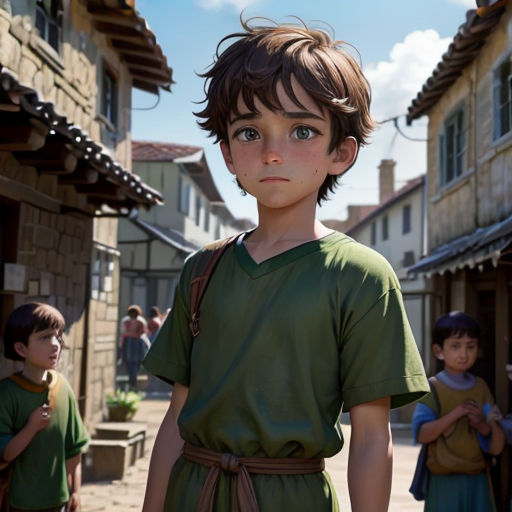 a boy in a green dress standing in front of a group of children in a village with houses and a sky background