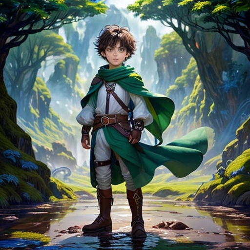 a boy in a green cape standing in a forest with a stream of water and trees behind him, with a green cloak over his shoulders