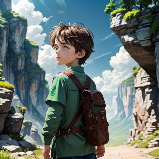 a boy with a backpack looking at a mountain landscape in the background, with a cliff in the foreground