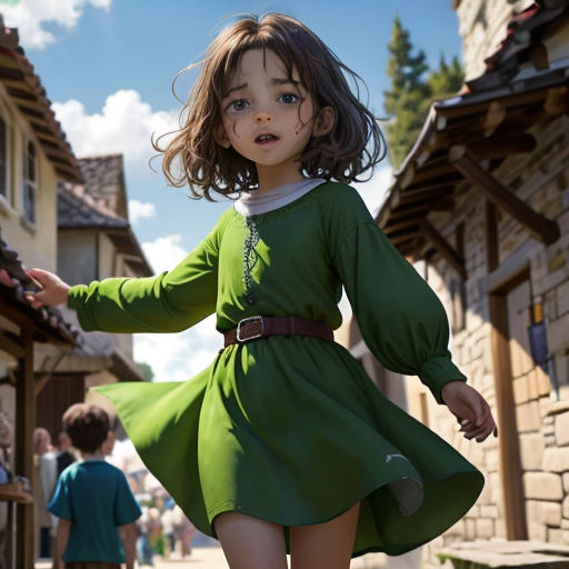 a little girl in a green dress is walking down a street with a boy in the background and a building with a roof